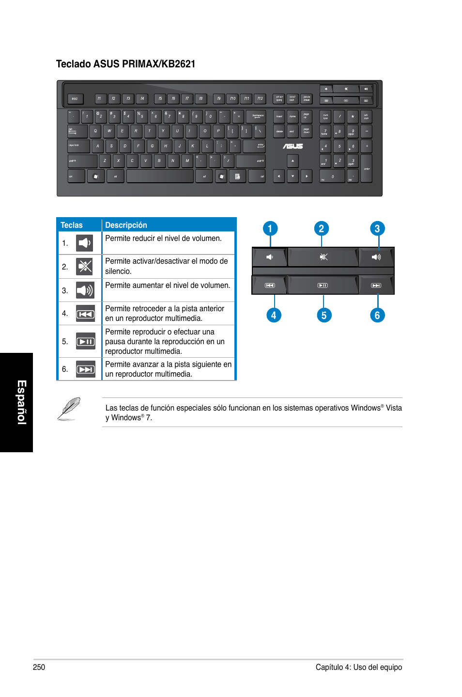 Español, Teclado asus primax/kb2621 | Asus CG8265 User Manual | Page 250 / 350