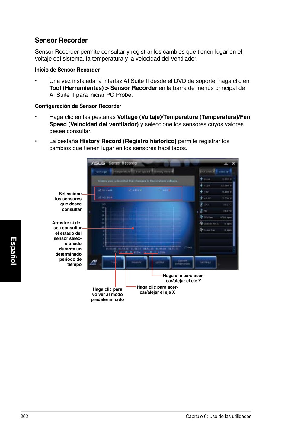 Español, Español sensor recorder | Asus CG8265 User Manual | Page 262 / 350