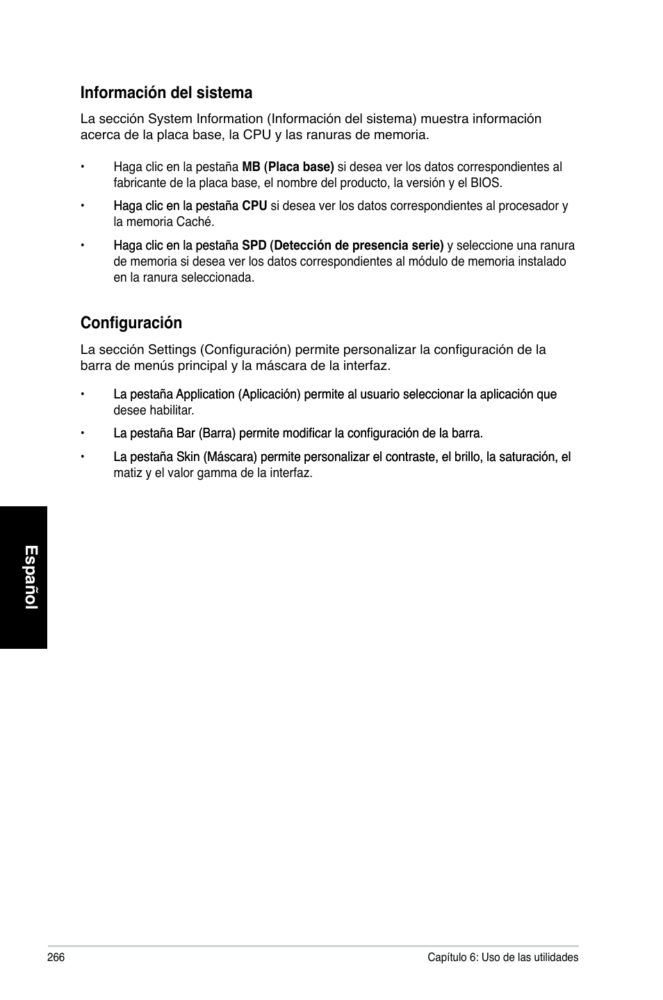 Español, Español información del sistema, Configuración | Asus CG8265 User Manual | Page 266 / 350