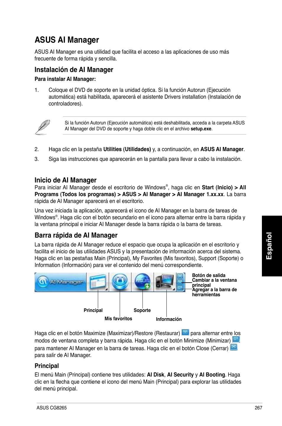 Asus ai manager, Español, Instalación de ai manager | Inicio de ai manager, Barra rápida de ai manager | Asus CG8265 User Manual | Page 267 / 350