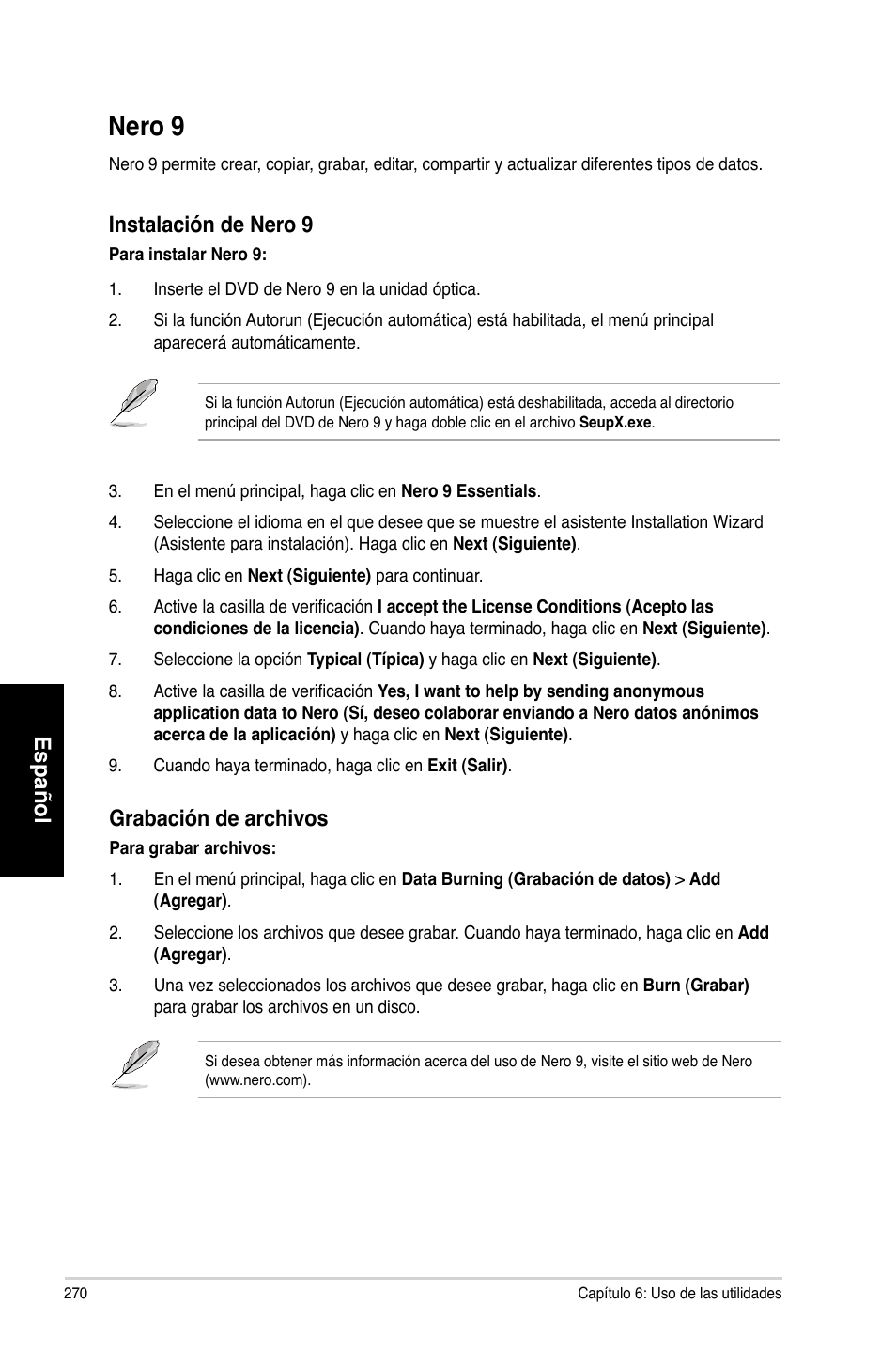 Nero 9, Español, Instalación de nero 9 | Grabación de archivos | Asus CG8265 User Manual | Page 270 / 350