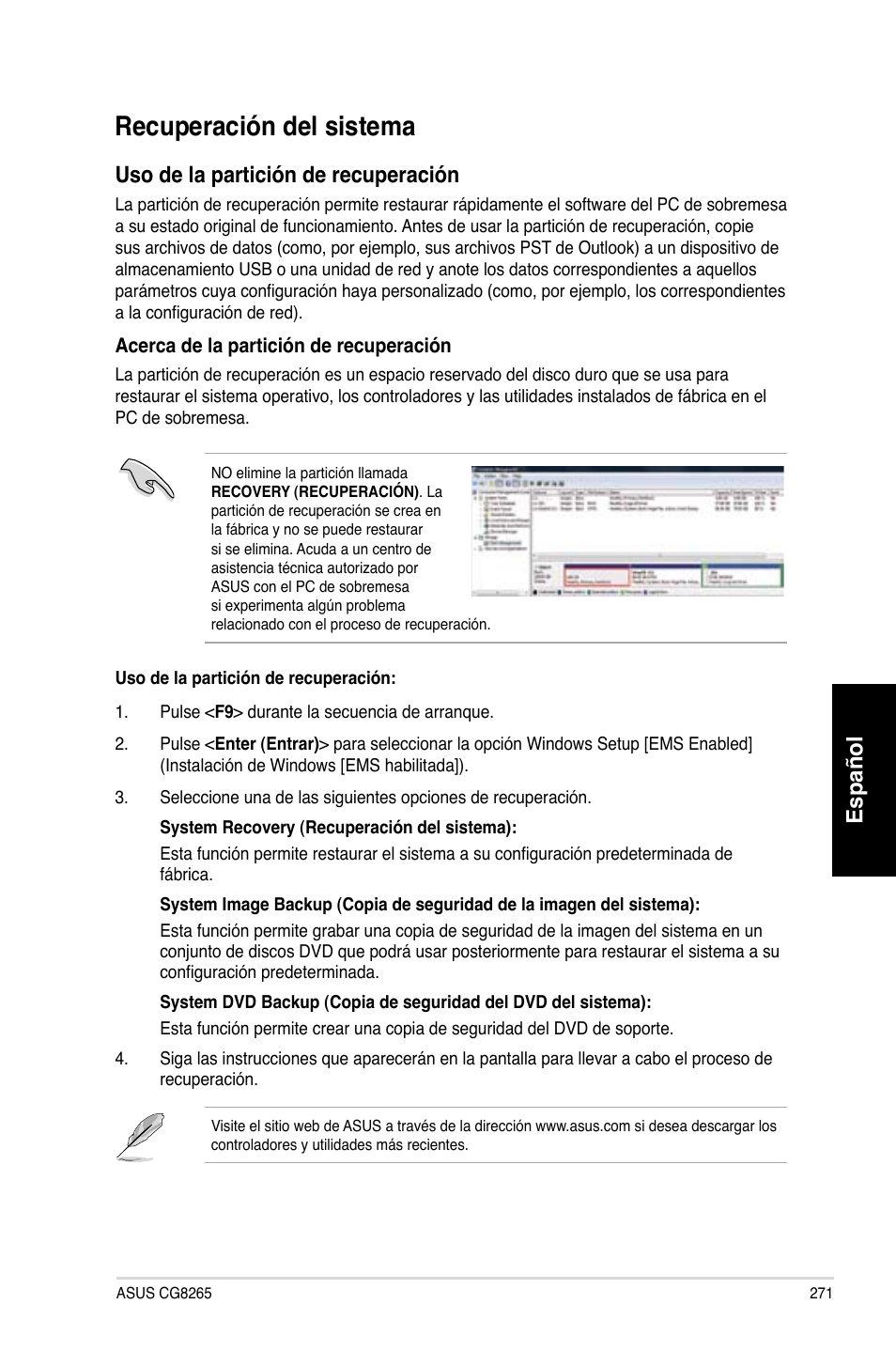 Recuperación del sistema, Español, Uso de la partición de recuperación | Asus CG8265 User Manual | Page 271 / 350