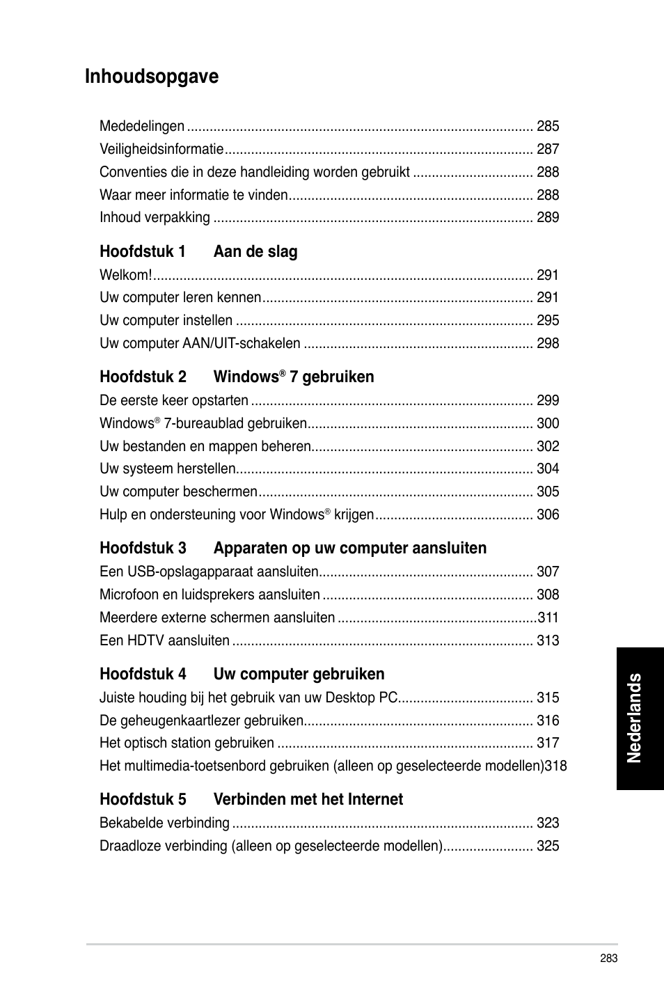 Inhoudsopgave, Nederlands | Asus CG8265 User Manual | Page 283 / 350