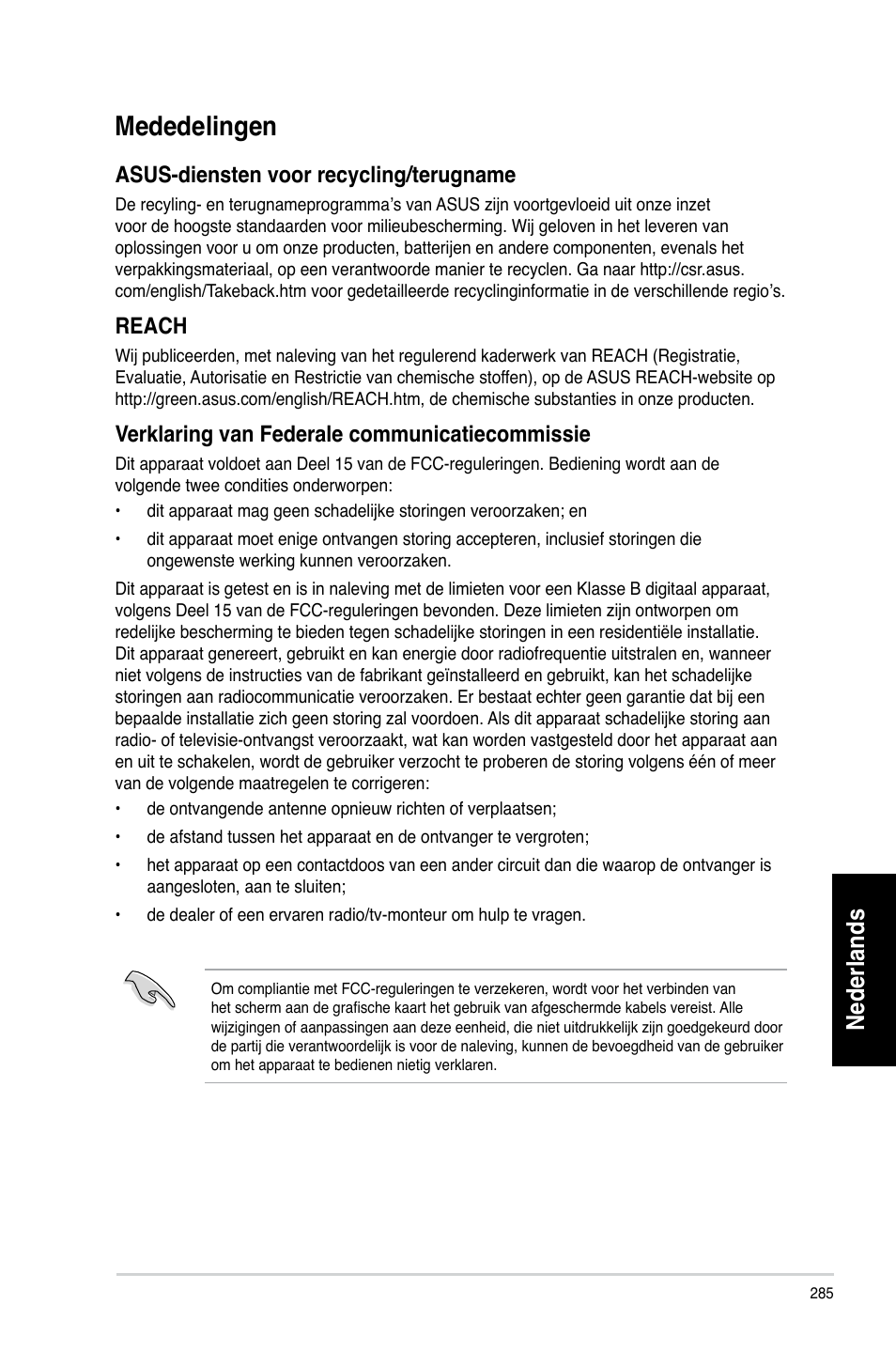 Mededelingen, Nederlands, Asus-diensten voor recycling/terugname | Reach, Verklaring van federale communicatiecommissie | Asus CG8265 User Manual | Page 285 / 350