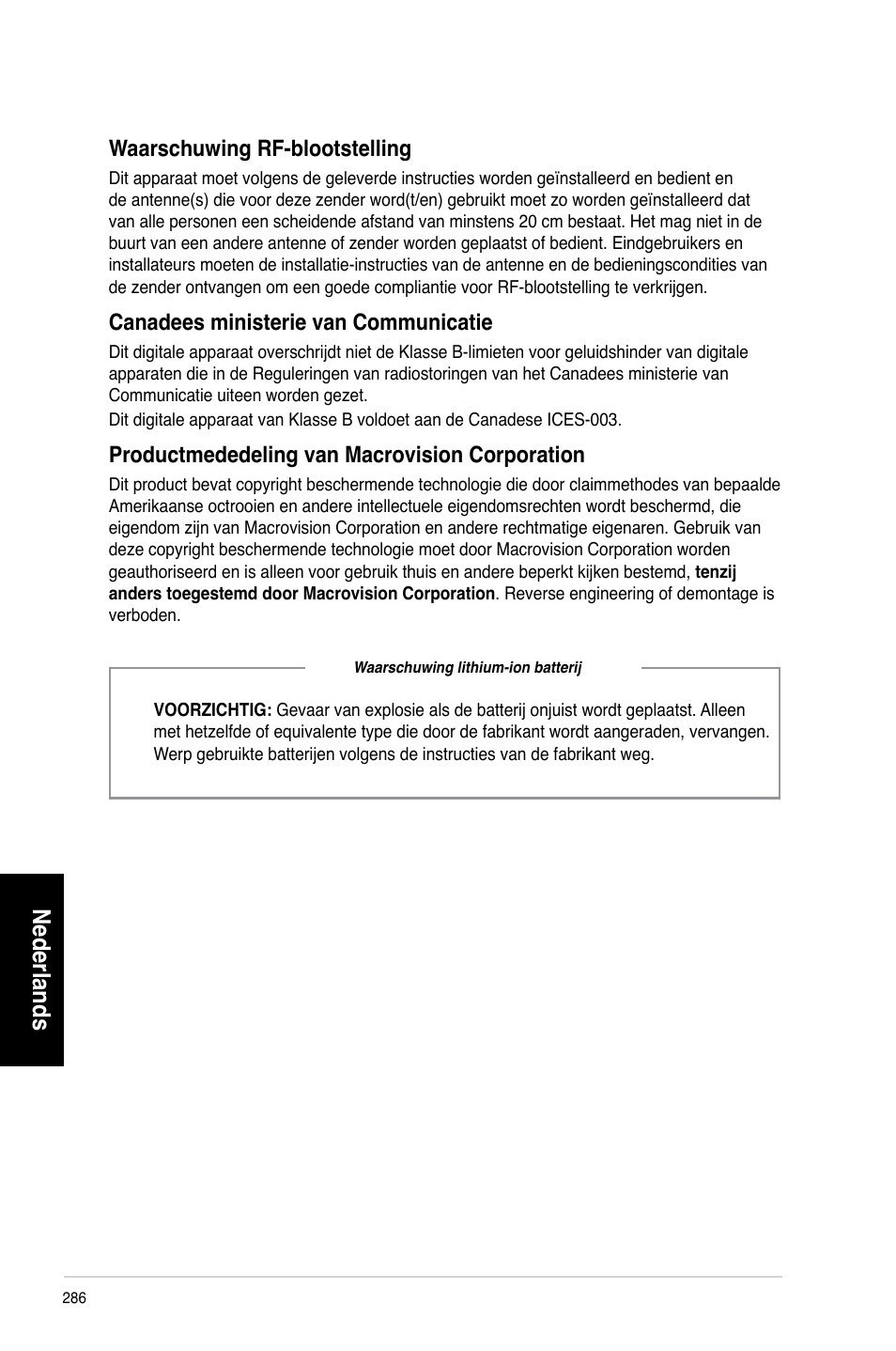 Nederlands, Waarschuwing rf-blootstelling, Canadees ministerie van communicatie | Productmededeling van macrovision corporation | Asus CG8265 User Manual | Page 286 / 350