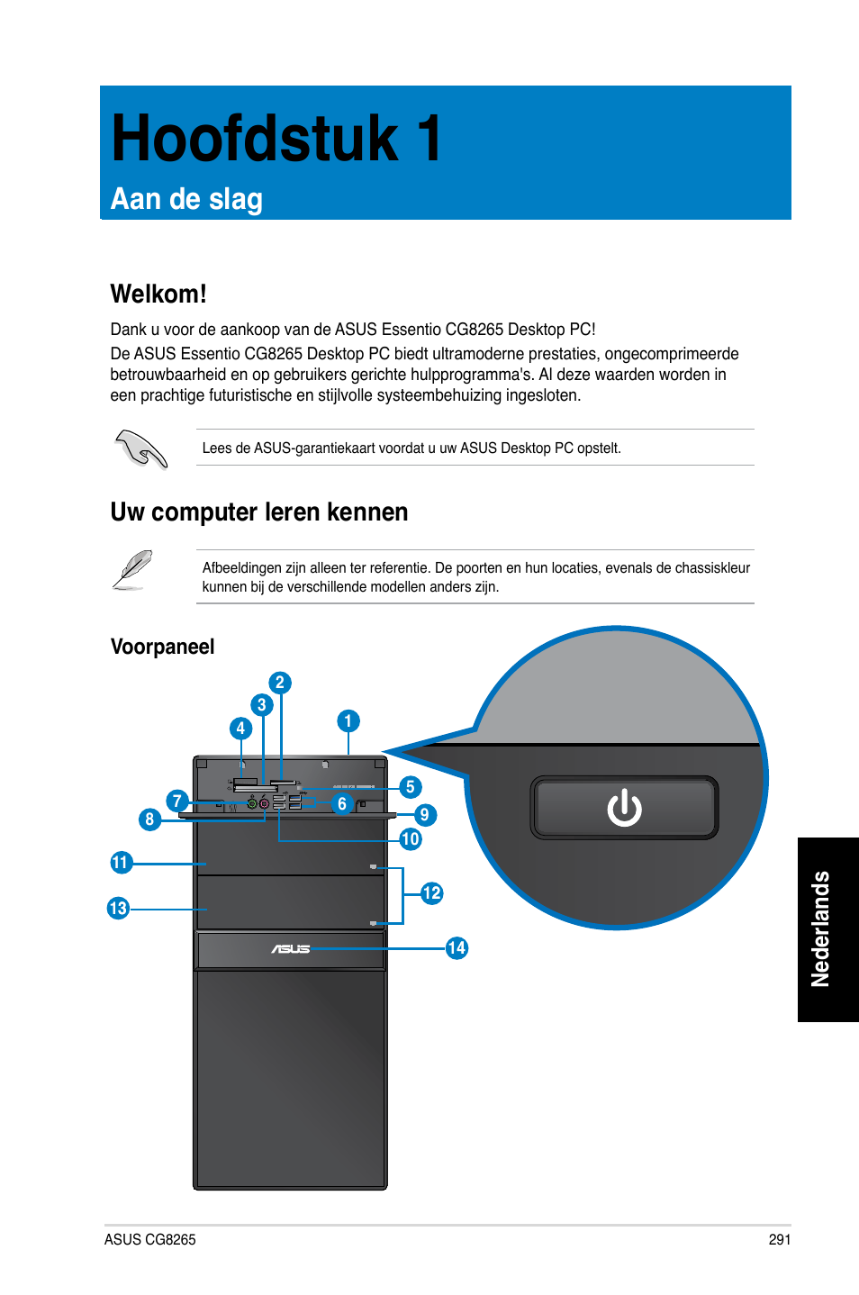 Hoofdstuk 1, Aan de slag, Welkom | Uw computer leren kennen, Hoofdstuk 1 aan de slag, Nederlands | Asus CG8265 User Manual | Page 291 / 350