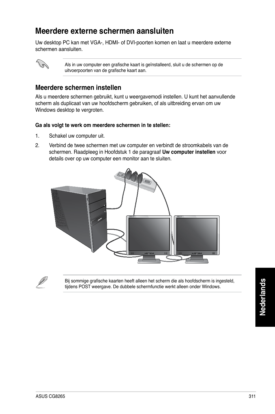 Meerdere externe schermen aansluiten, Nederlands, Meerdere schermen instellen | Asus CG8265 User Manual | Page 311 / 350