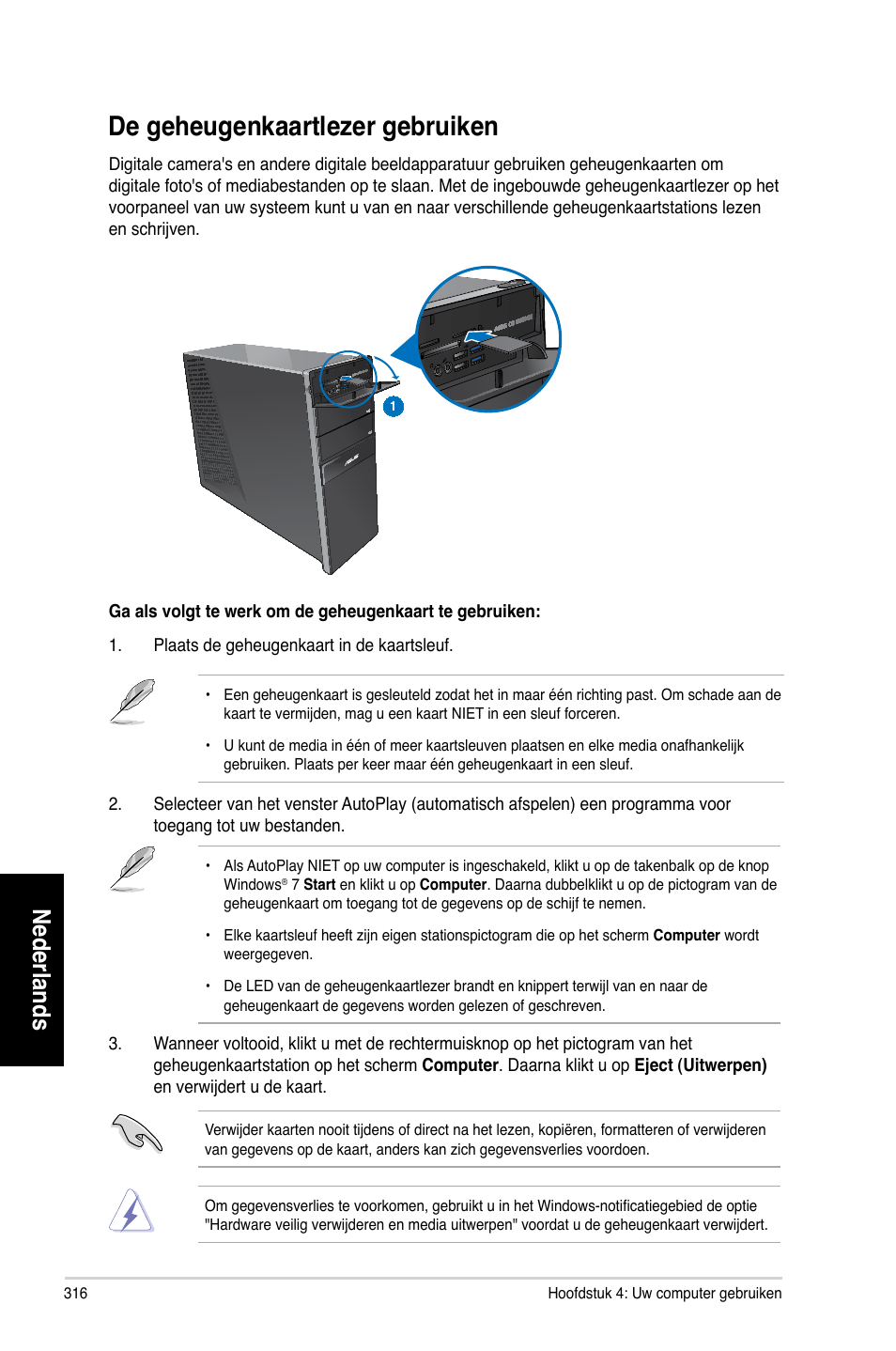 De geheugenkaartlezer gebruiken, Nederlands | Asus CG8265 User Manual | Page 316 / 350