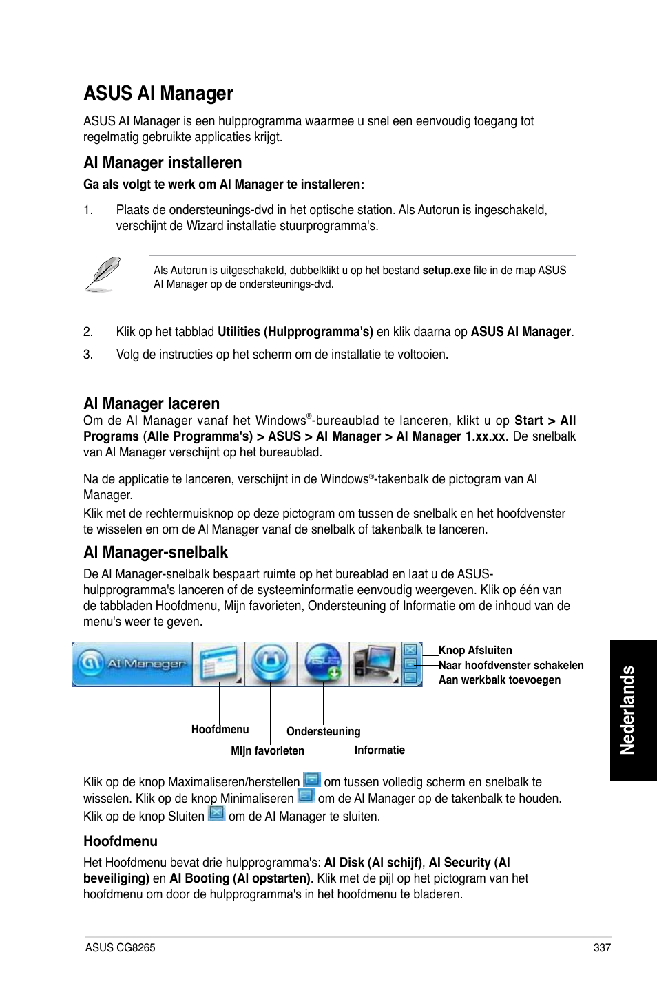 Asus ai manager, Nederlands, Ai manager installeren | Al manager laceren, Al manager-snelbalk | Asus CG8265 User Manual | Page 337 / 350