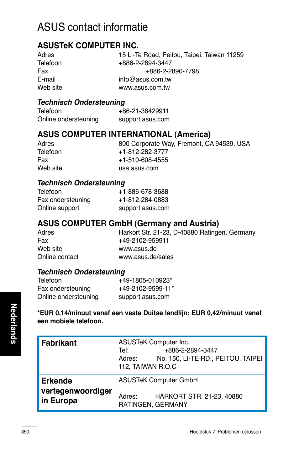 Asus contact informatie, Nederlands, Asustek computer inc | Asus computer international (america), Asus computer gmbh (germany and austria), Fabrikant, Erkende vertegenwoordiger in europa | Asus CG8265 User Manual | Page 350 / 350