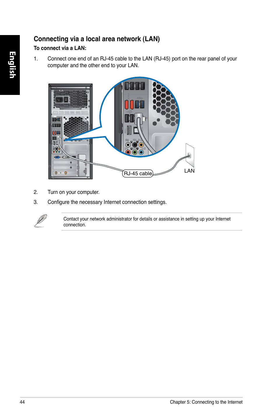 English, Connecting via a local area network (lan) | Asus CG8265 User Manual | Page 44 / 350