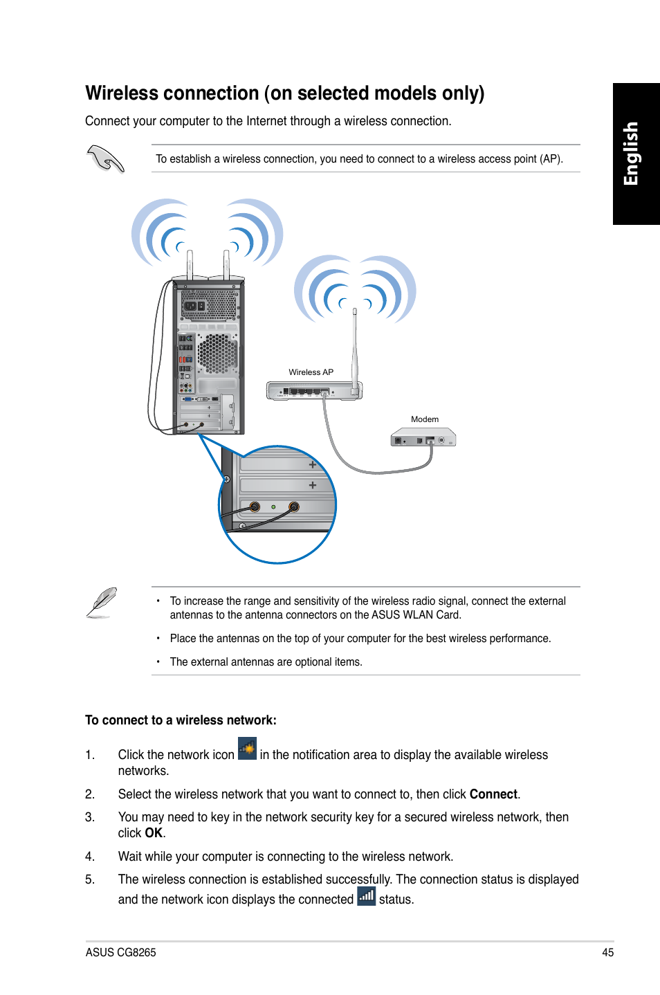 Wireless connection (on selected models only), English | Asus CG8265 User Manual | Page 45 / 350