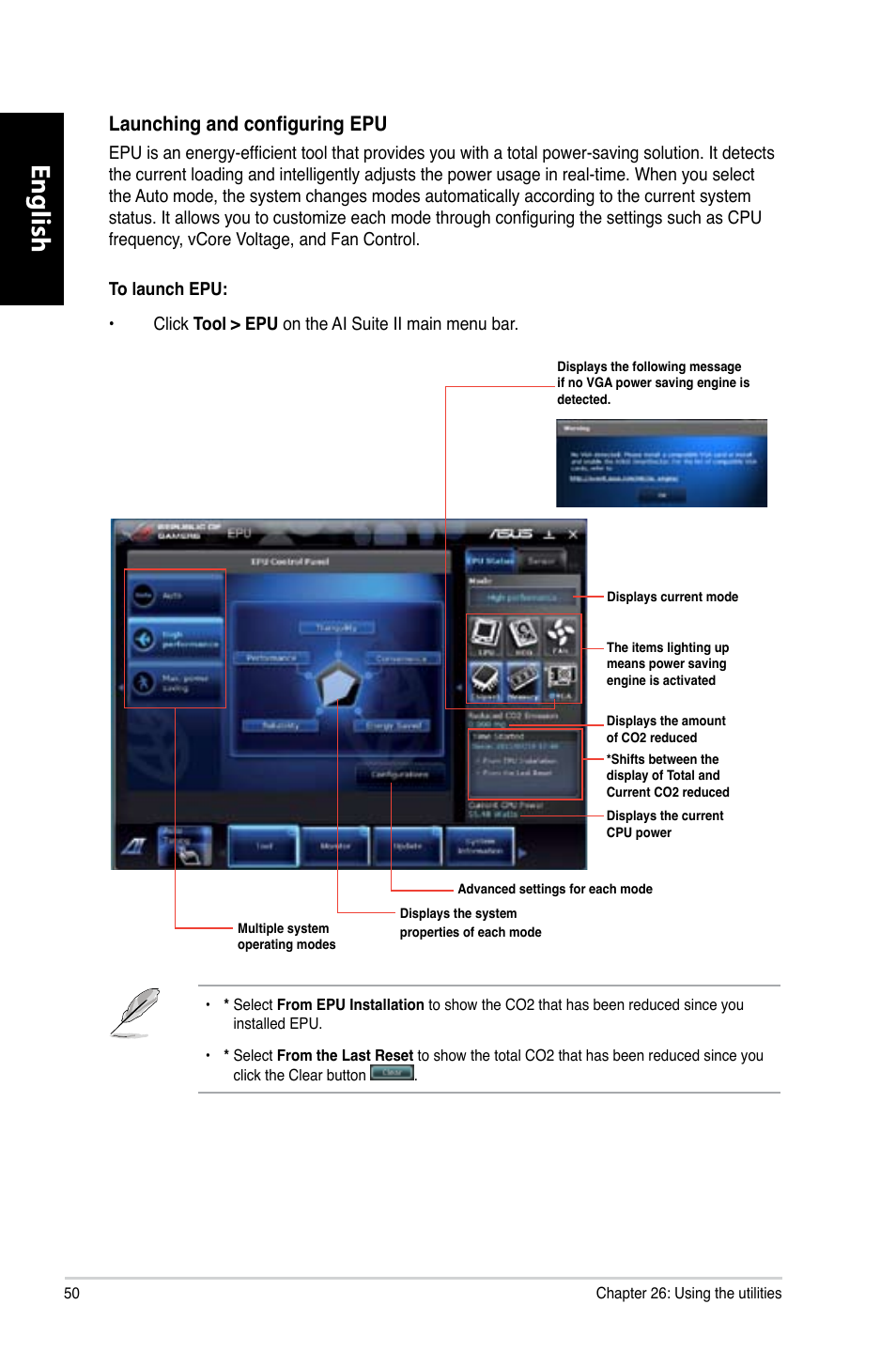 English, Launching and configuring epu | Asus CG8265 User Manual | Page 50 / 350