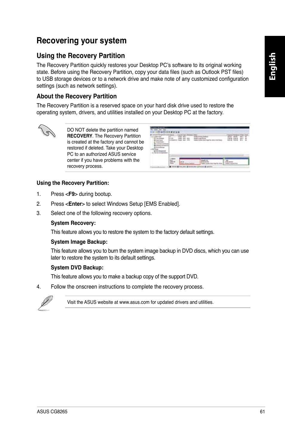 Recovering your system, English, English recovering your system | Using the recovery partition | Asus CG8265 User Manual | Page 61 / 350