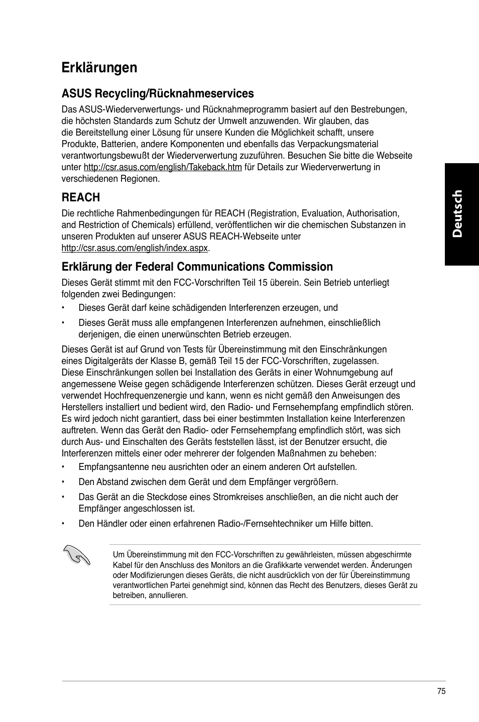 Erklärungen, Deutsch d eutsch d eutsch d eutsch, Asus recycling/rücknahmeservices | Reach, Erklärung der federal communications commission | Asus CG8265 User Manual | Page 75 / 350