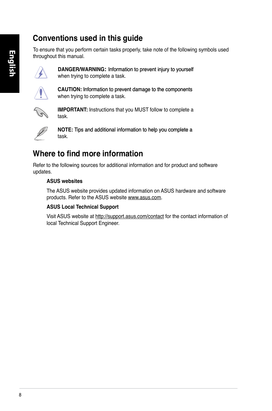 Conventions used in this guide, Where to find more information, English | English conventions used in this guide | Asus CG8265 User Manual | Page 8 / 350