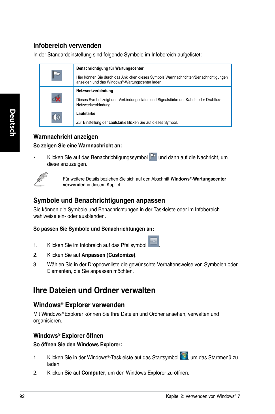 Ihre dateien und ordner verwalten, Deutsch d eutsch d eutsch d eutsch, Infobereich verwenden | Symbole und benachrichtigungen anpassen, Windows, Explorer verwenden | Asus CG8265 User Manual | Page 92 / 350