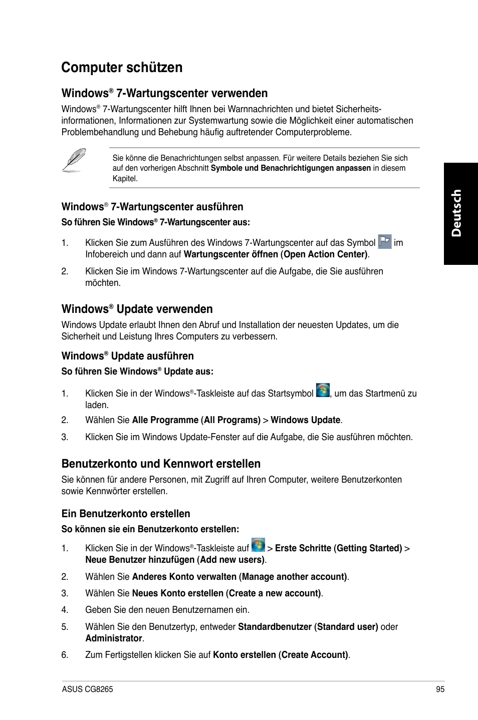 Computer schützen, Deutsch d eutsch, Windows | Wartungscenter verwenden, Update verwenden, Benutzerkonto und kennwort erstellen | Asus CG8265 User Manual | Page 95 / 350