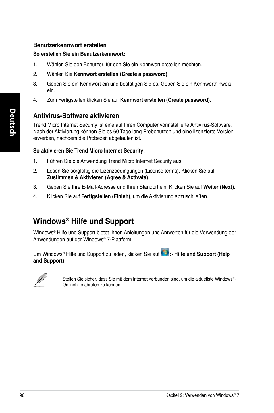 Windows® hilfe und support, Windows, Hilfe und support | Deutsch d eutsch, Antivirus-software aktivieren | Asus CG8265 User Manual | Page 96 / 350