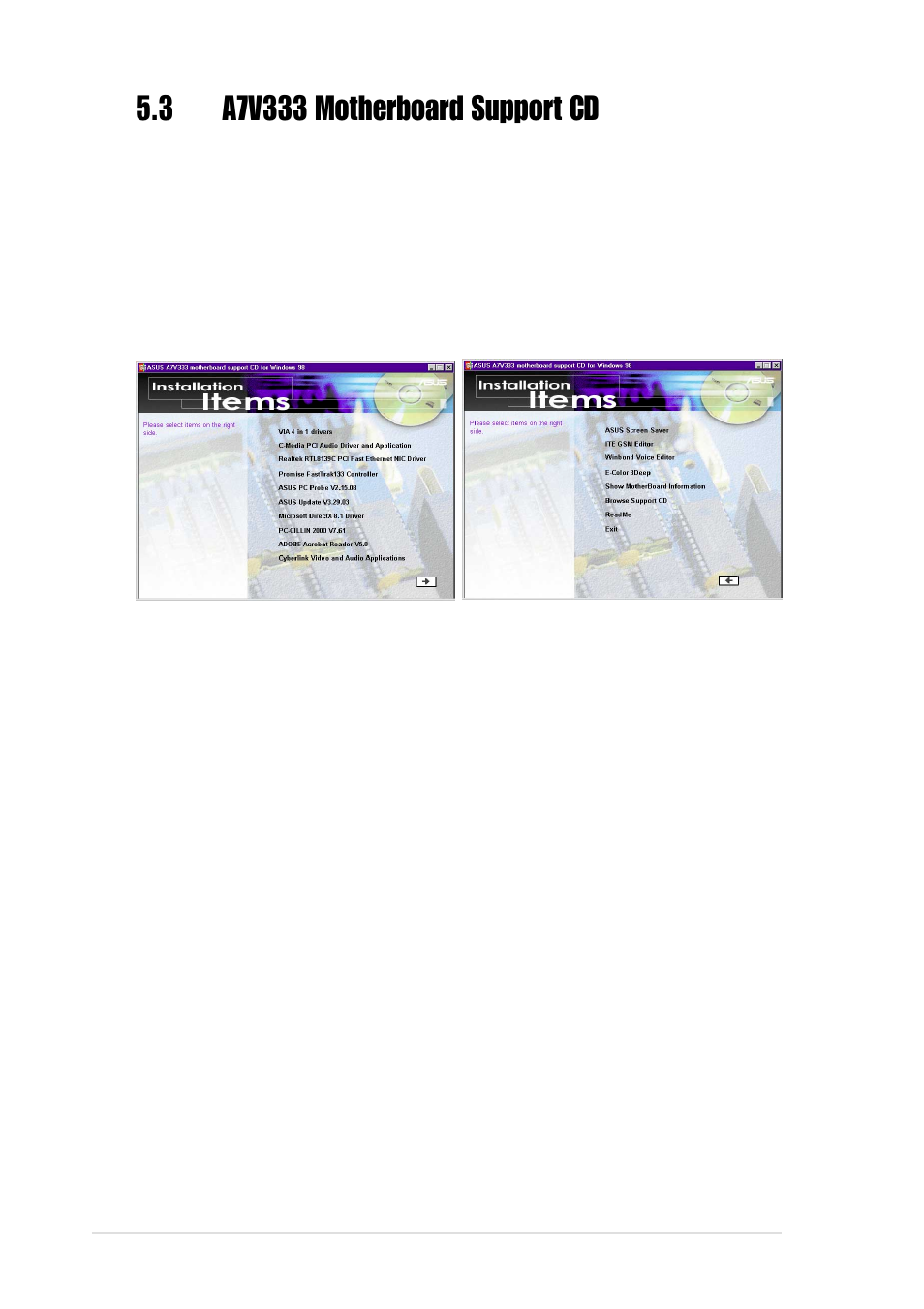 1 installation menu | Asus A7V333 User Manual | Page 102 / 140
