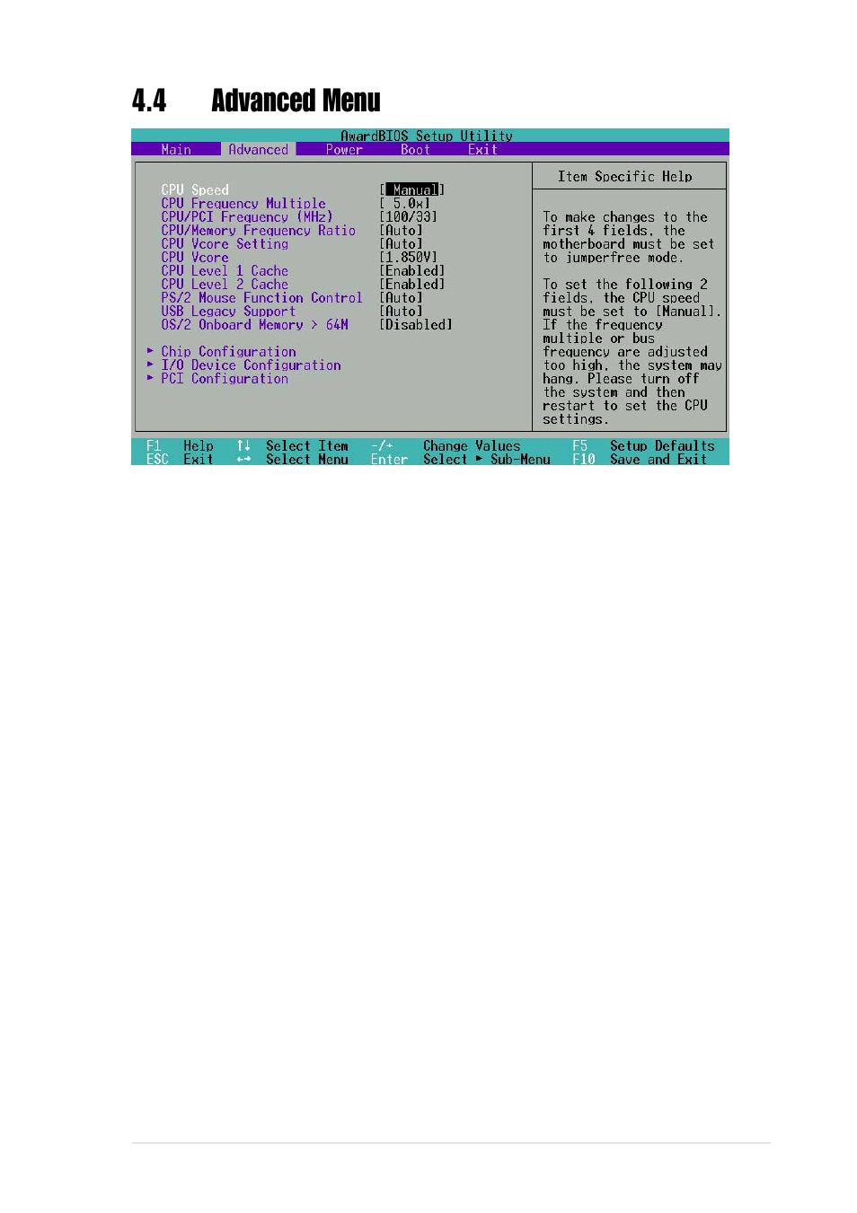 4 advanced menu | Asus A7V333 User Manual | Page 79 / 140