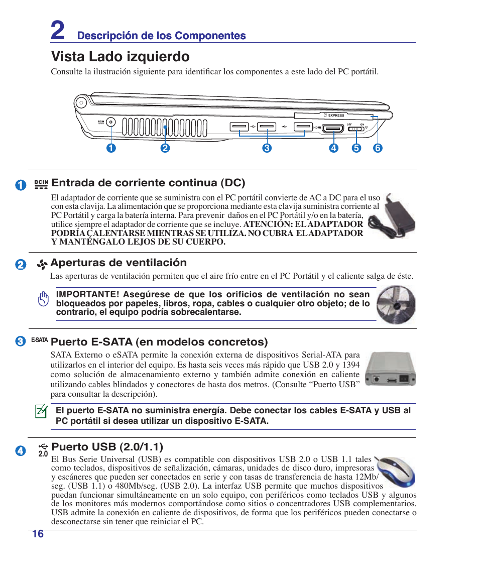 Left side, Vista lado izquierdo | Asus U6V User Manual | Page 16 / 88