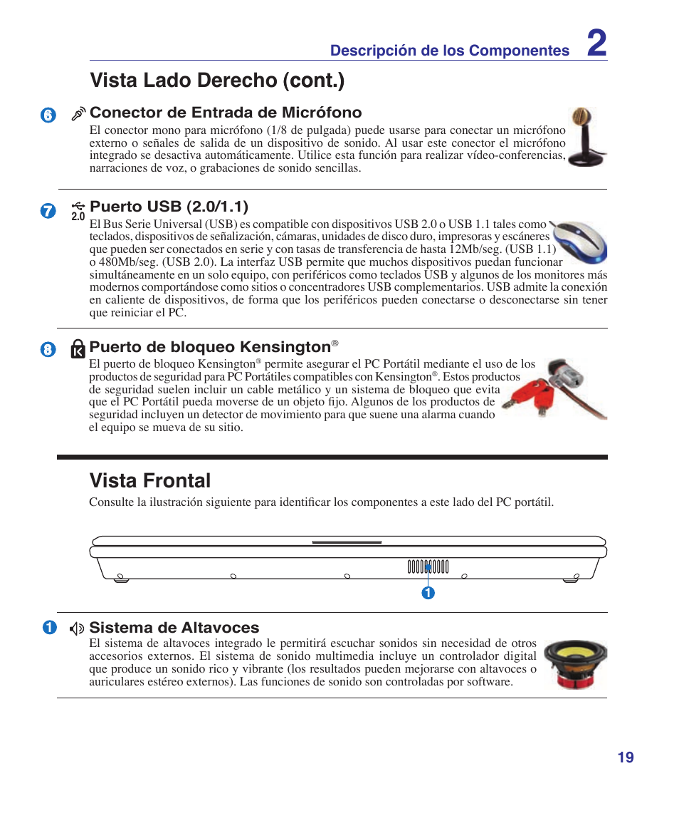 Vista lado �erec�o (cont.) (cont.) vista frontal | Asus U6V User Manual | Page 19 / 88