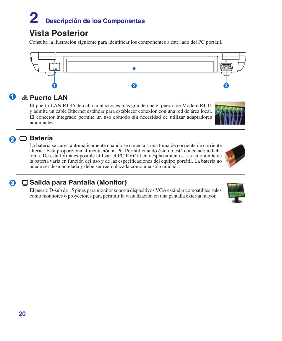 Rear side, Vista posterior | Asus U6V User Manual | Page 20 / 88