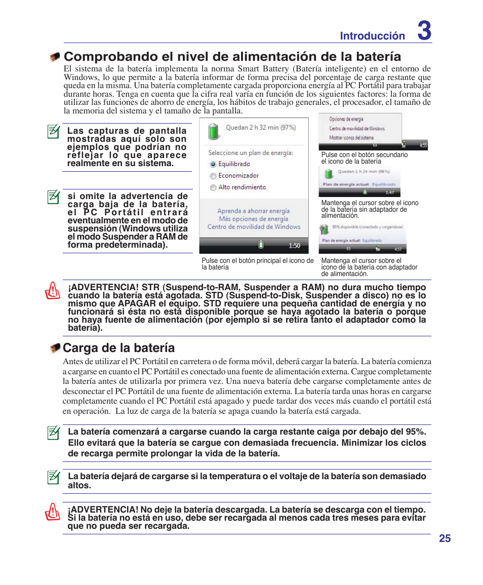 Checking battery power, Charging the battery pack, Comprobando el nivel de alimentación de la batería | Carga de la batería, 25 introducción | Asus U6V User Manual | Page 25 / 88