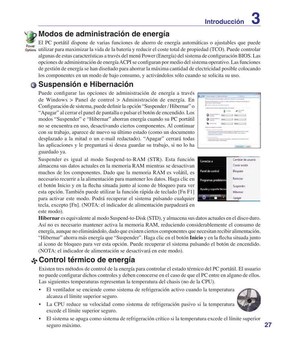 Power management modes, Sleep and hibernate, Thermal power control | Control térmico de energía, Suspensión e hibernación, Modos de administración de energía | Asus U6V User Manual | Page 27 / 88