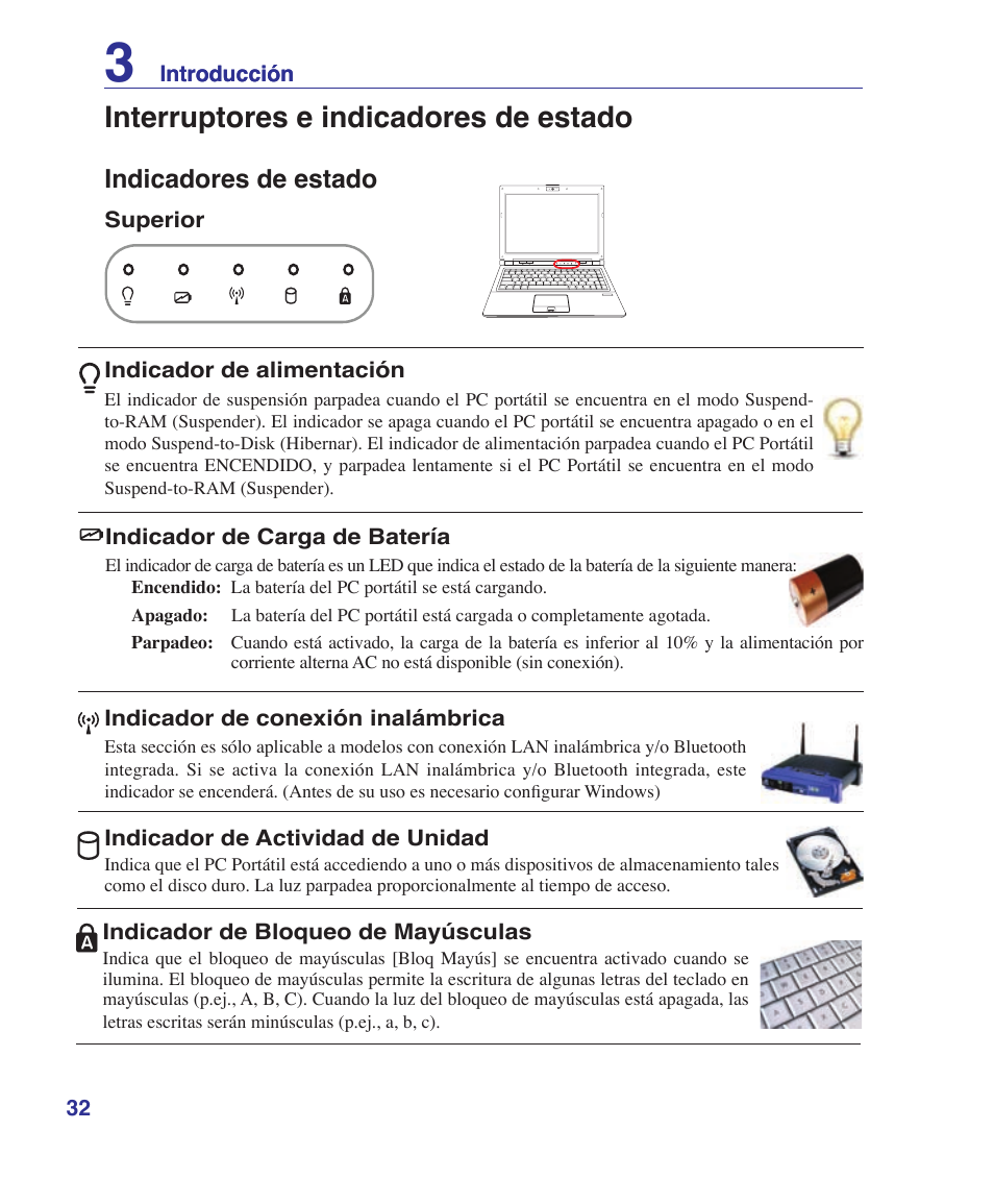 Status indicators, Interruptores e indicadores de estado, Indicadores de estado | Asus U6V User Manual | Page 32 / 88