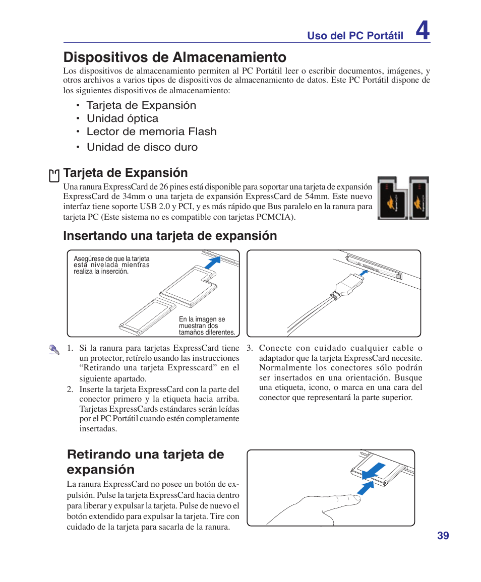 Storage devices, Expansion card, Dispositivos de almacenamiento | Tarjeta de expansión, Insertando una tarjeta de expansión, Retirando una tarjeta de expansión | Asus U6V User Manual | Page 39 / 88