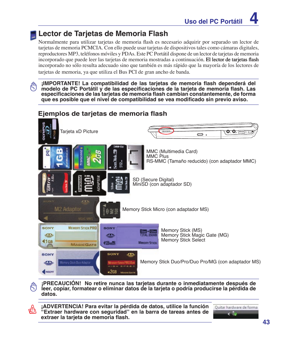 Flash memory card reader, 3 uso del pc portátil | Asus U6V User Manual | Page 43 / 88