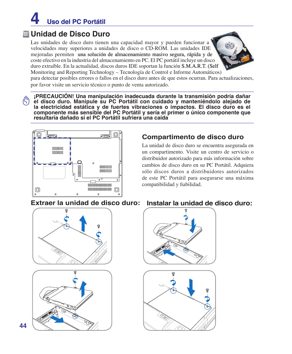 Hard disk drive, Unidad de disco duro | Asus U6V User Manual | Page 44 / 88