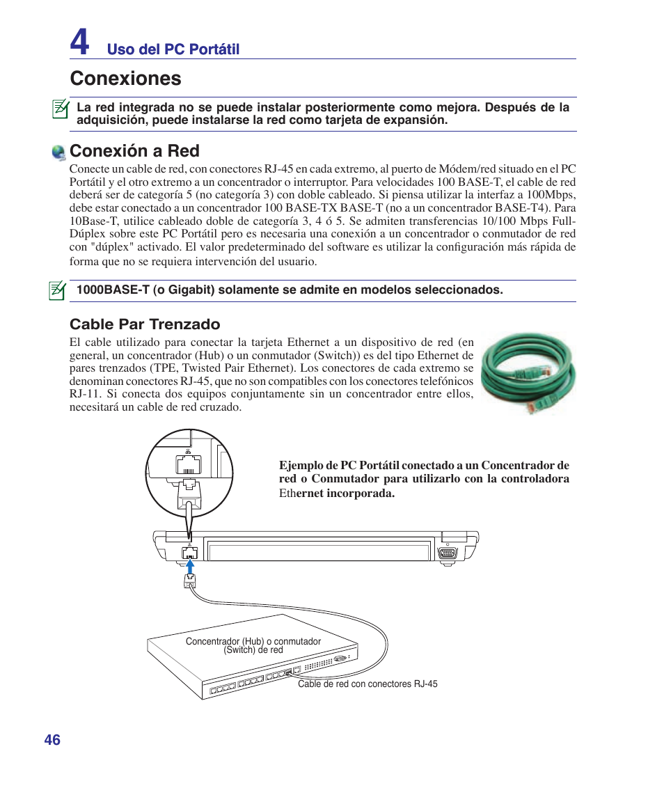 Connections, Conexiones, Conexión a red | Asus U6V User Manual | Page 46 / 88