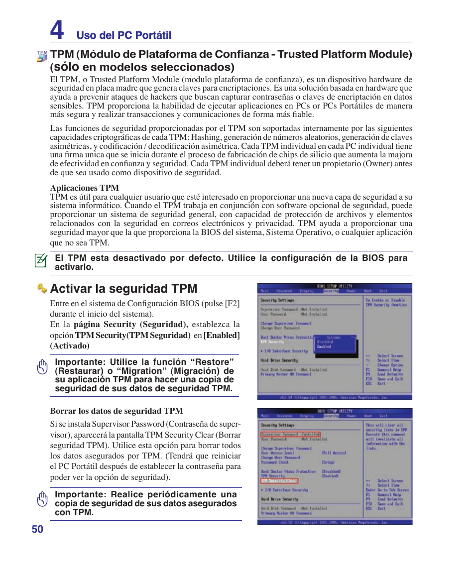 Trusted platform module (tpm) (on selected models), Sólo, Activar la seguridad tpm | Asus U6V User Manual | Page 50 / 88