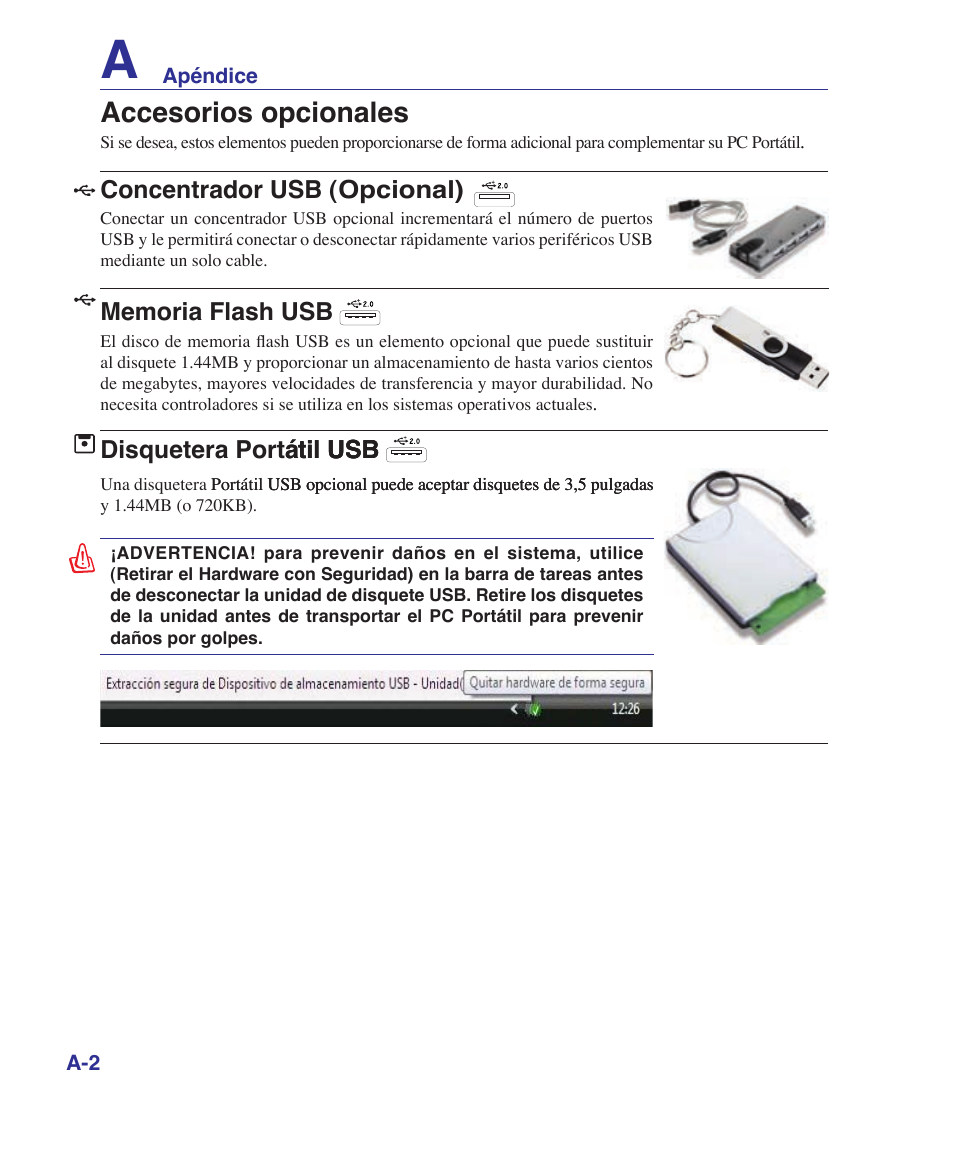 Accesorios opcion��es, Concentrador usb (�pcion��), Disquetera portátil usb átil usb til usb | Asus U6V User Manual | Page 58 / 88