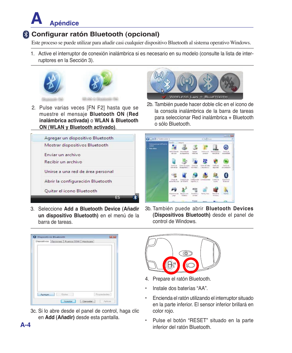 Apéndice a, Configurar ratón bluetooth (opcional) | Asus U6V User Manual | Page 60 / 88