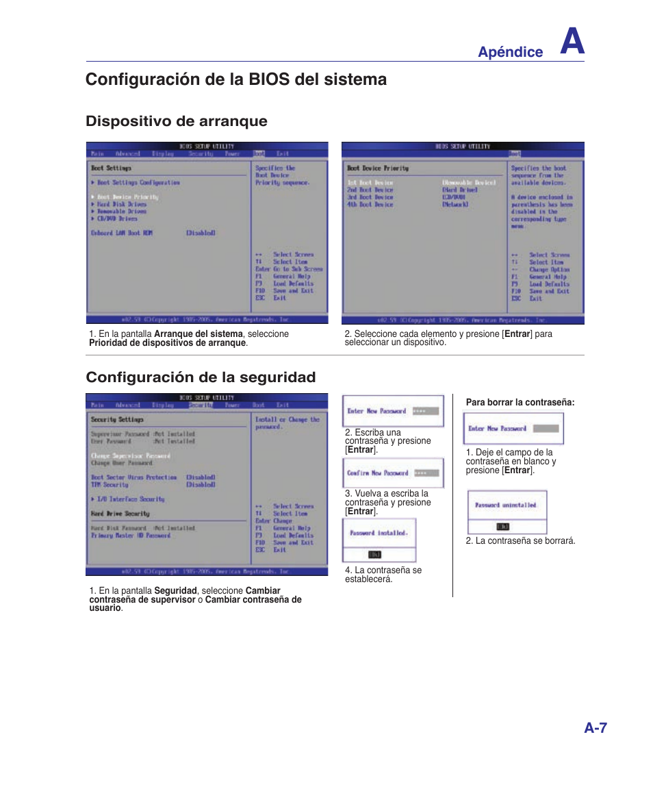 Configuración de la bios del sistema, Apéndice, Dispositivo de arranque | Configuración de la seguridad | Asus U6V User Manual | Page 63 / 88