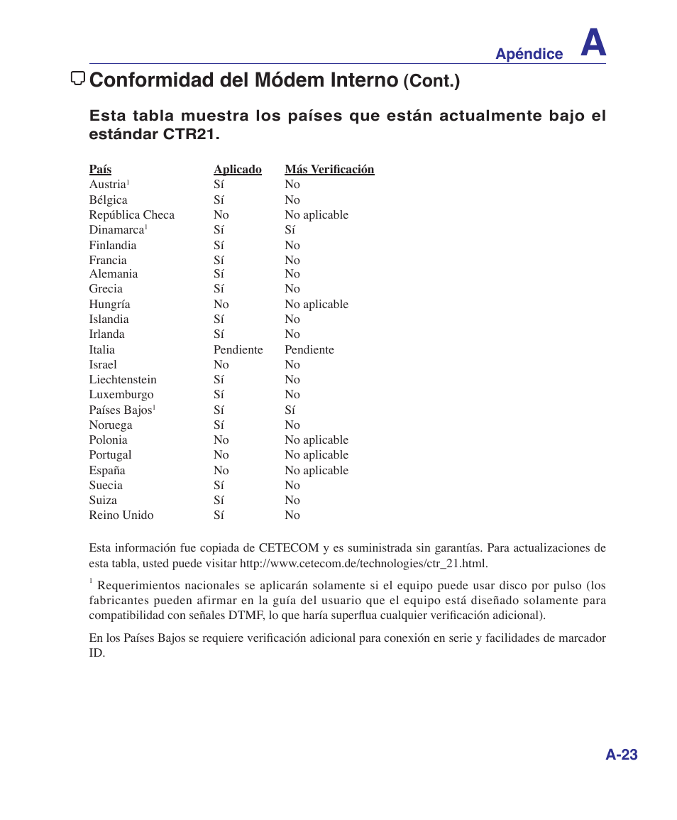 Conformidad del módem interno, Cont.��) | Asus U6V User Manual | Page 79 / 88