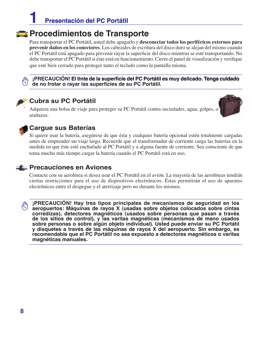 Procedimientos de transporte | Asus U6V User Manual | Page 8 / 88