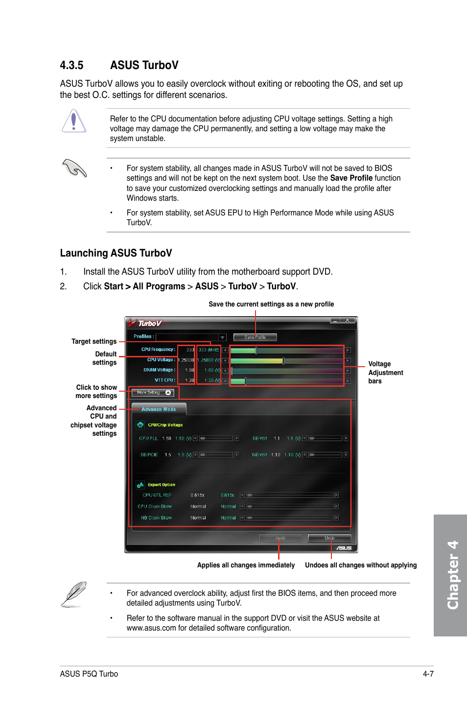 5 asus turbov, Asus turbov -7, Chapter 4 | Launching asus turbov | Asus P5Q TURBO User Manual | Page 101 / 114