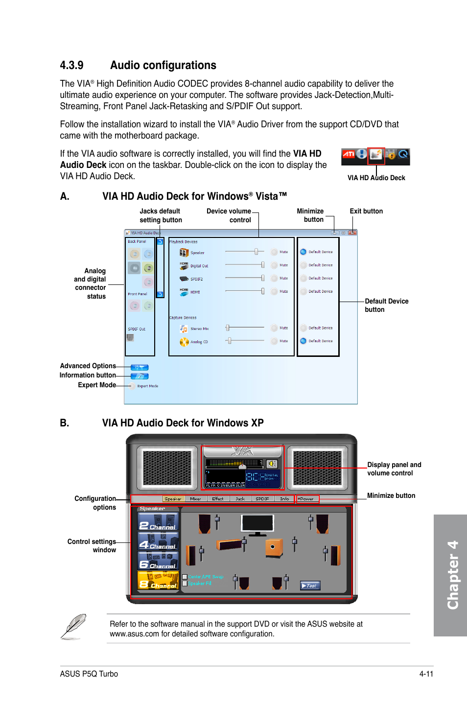 9 audio configurations, Audio configurations -11, Chapter 4 | A. via hd audio deck for windows, Vista, B. via hd audio deck for windows xp | Asus P5Q TURBO User Manual | Page 105 / 114