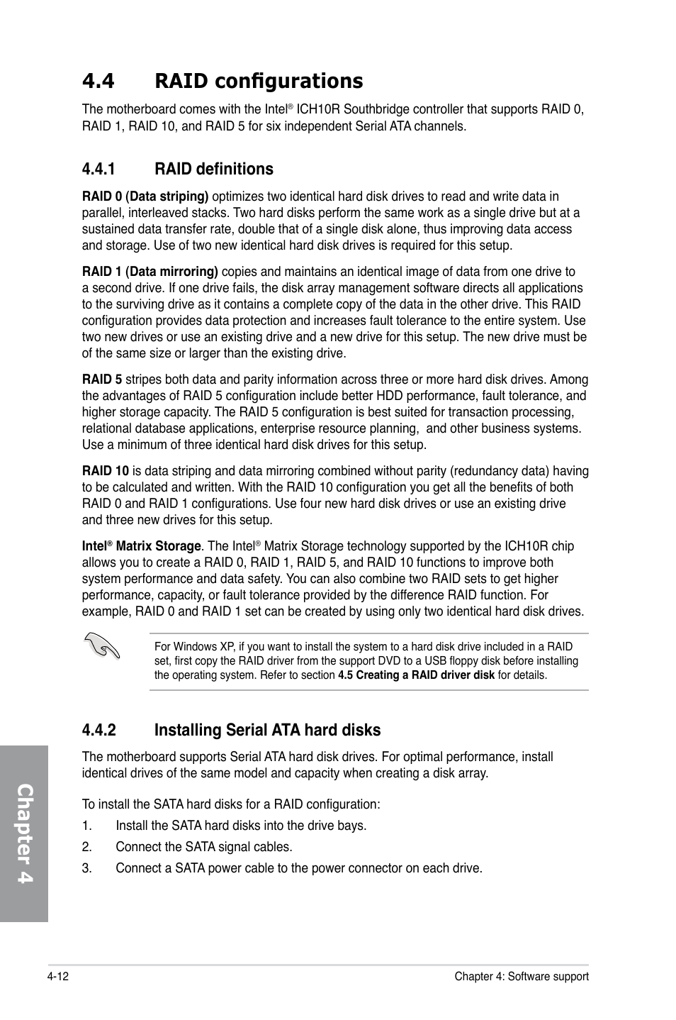 4 raid configurations, 1 raid definitions, 2 installing serial ata hard disks | Raid configurations -12 4.4.1, Raid definitions -12, Installing serial ata hard disks -12, Chapter 4 4.4 raid configurations | Asus P5Q TURBO User Manual | Page 106 / 114