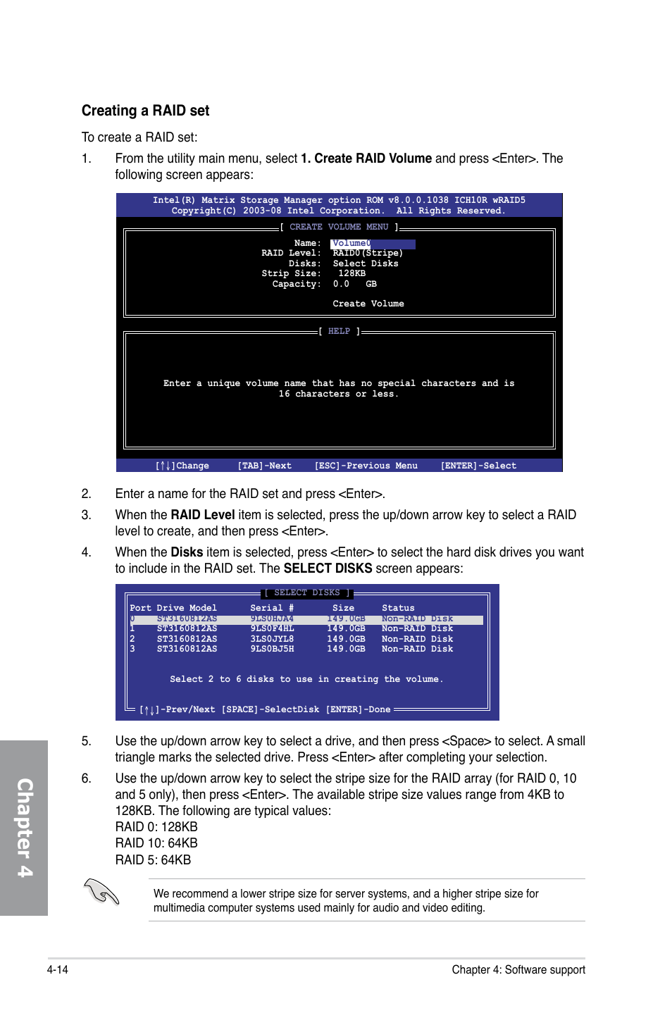 Chapter 4, Creating a raid set | Asus P5Q TURBO User Manual | Page 108 / 114