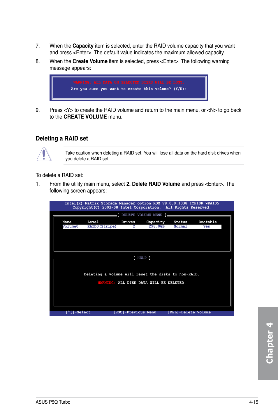 Chapter 4, Deleting a raid set | Asus P5Q TURBO User Manual | Page 109 / 114