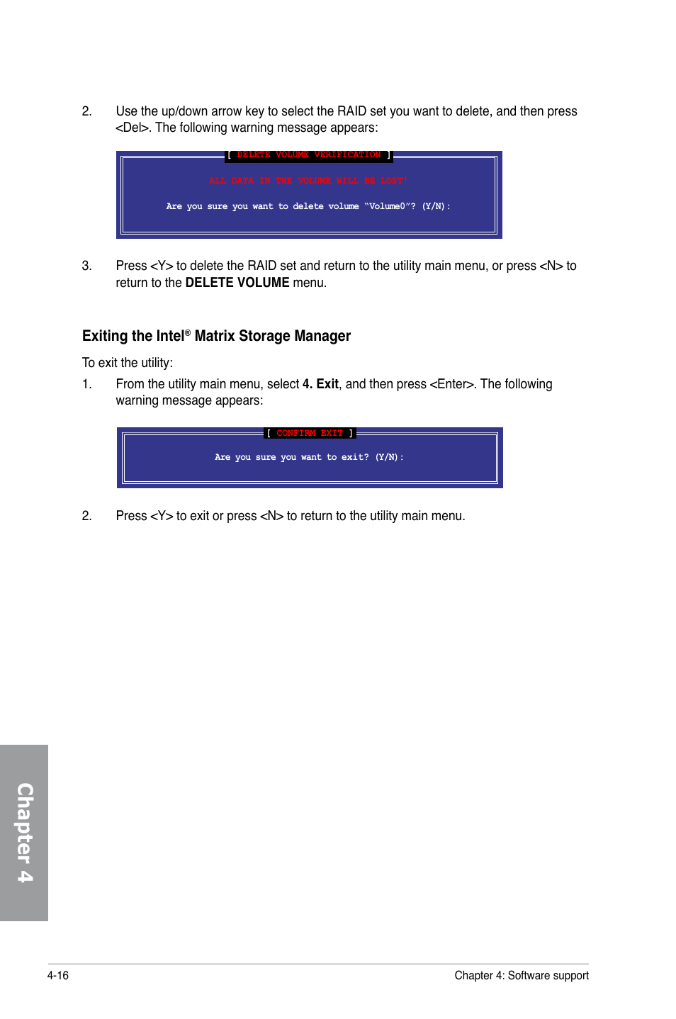 Chapter 4, Exiting the intel, Matrix storage manager | Asus P5Q TURBO User Manual | Page 110 / 114