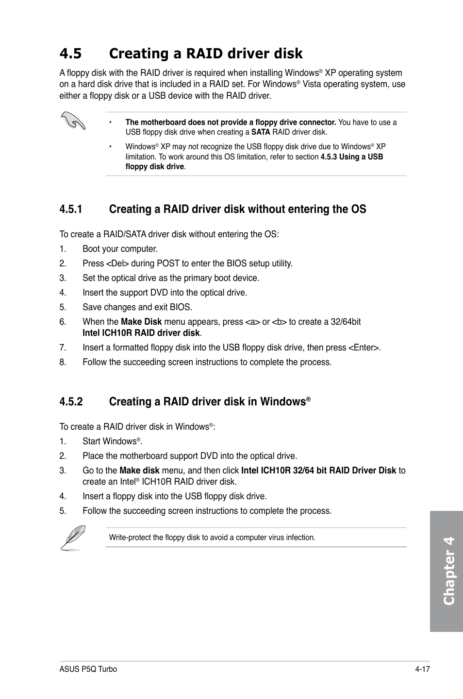 5 creating a raid driver disk, 2 creating a raid driver disk in windows, Creating a raid driver disk -17 4.5.1 | Creating a raid driver disk in windows, Chapter 4 4.5 creating a raid driver disk | Asus P5Q TURBO User Manual | Page 111 / 114