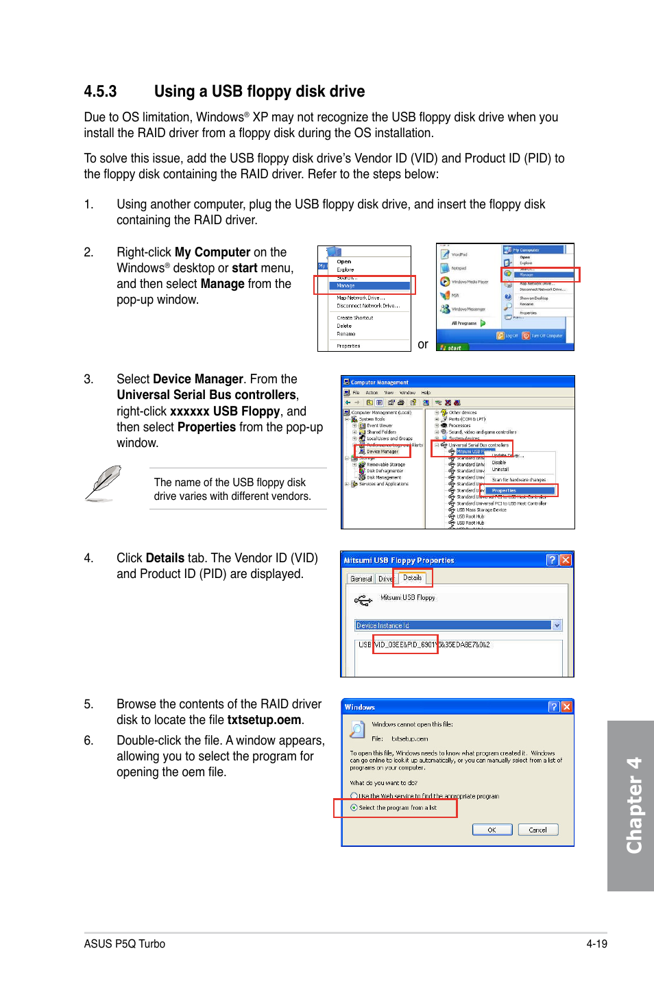 3 using a usb floppy disk drive, Using a usb floppy disk drive -19, Chapter 4 | Asus P5Q TURBO User Manual | Page 113 / 114