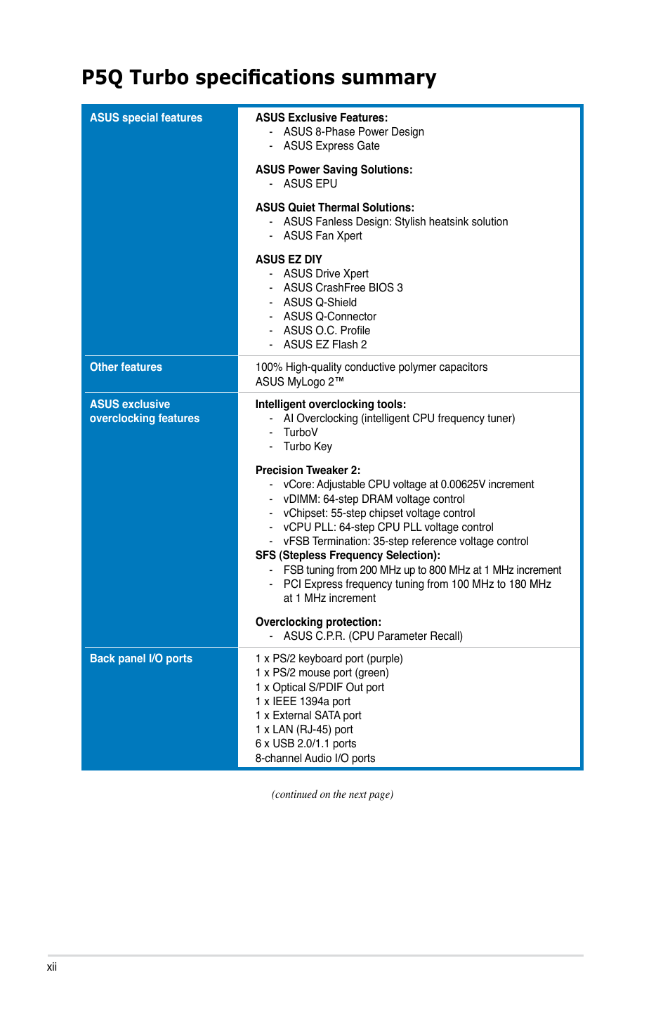 P5q turbo specifications summary | Asus P5Q TURBO User Manual | Page 12 / 114